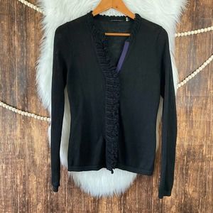 Elie Tahari | Black Linen Cardigan Ruffle Front